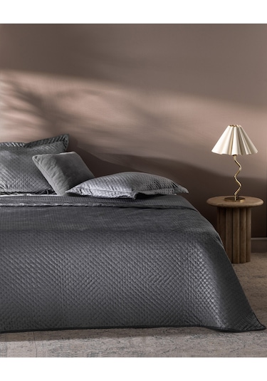 Madame Coco Boulogne Çift Kişilik Kadife Yatak Örtüsü - Antrasit Gri