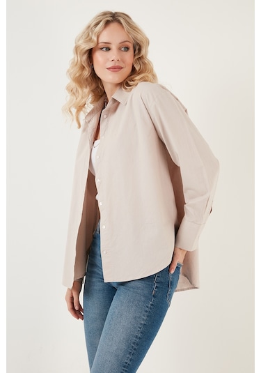 Lela Oversize % 100 Pamuk Poplin Bayan Gömlek Cf21S163867 Taş