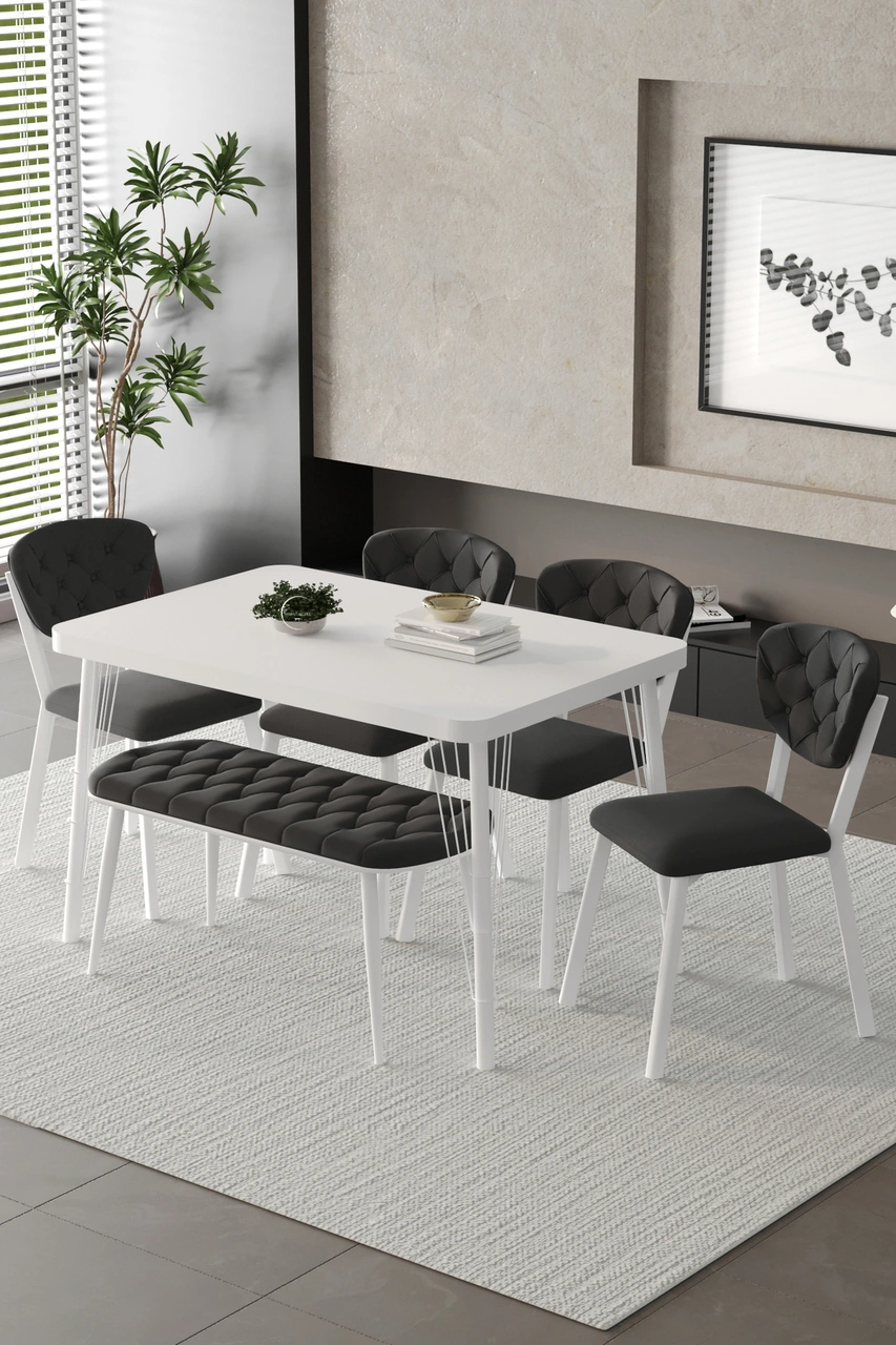 Mutfak Masası Takımı Elma Serisi Benchli Beyaz Antrasit