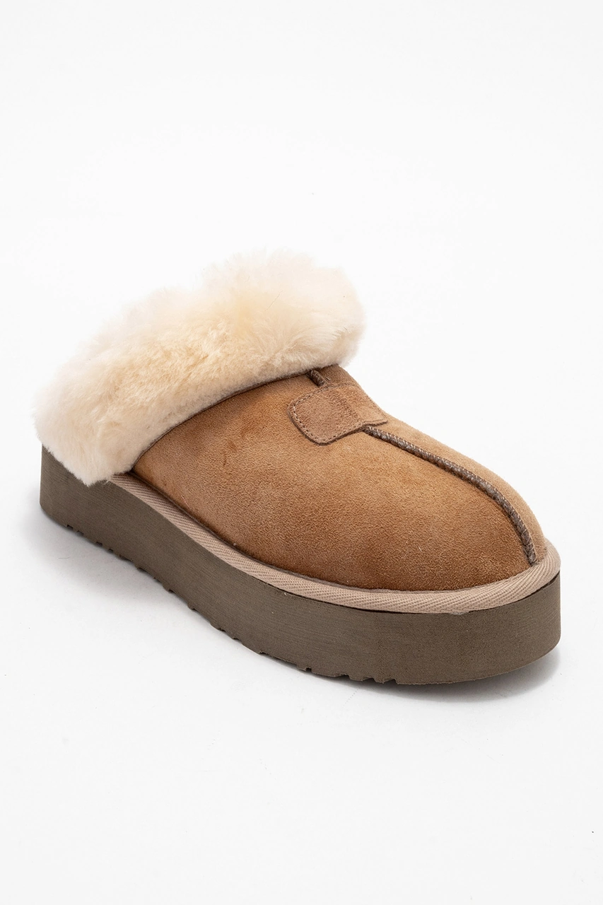 Olessa Taba Hakiki Deri Süet Kadın Kürklü Terlik Taba