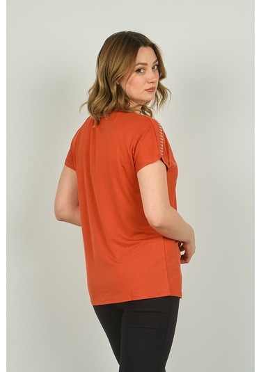 Ella Camelia Kadın Fermuarlı Kısa Kol Bluz 20e038 Kiremit