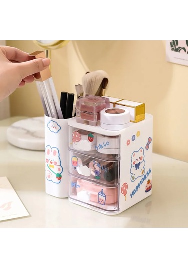 Fosenze 14x10x12 Cm Derin Nicheli, Raf Ve 3 Kaydırmalı Çekmeceli Masaüstü Organizer - Ofis, Ev İçin Kaliteli Stok Ve Aksesuar Saklama Kutusu Beyaz