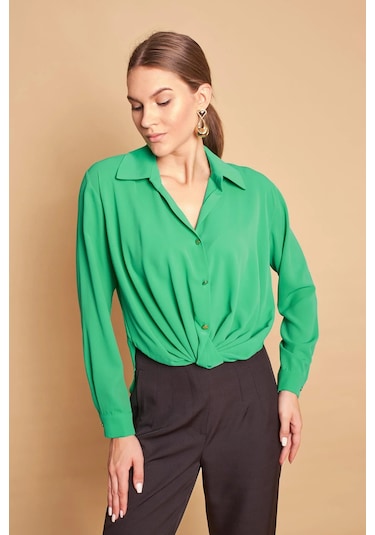 Yakalı Önü Pileli Uzun Kol Likrasız Şık Kumaş Gömlek-B.Yeşil B.Yeşili