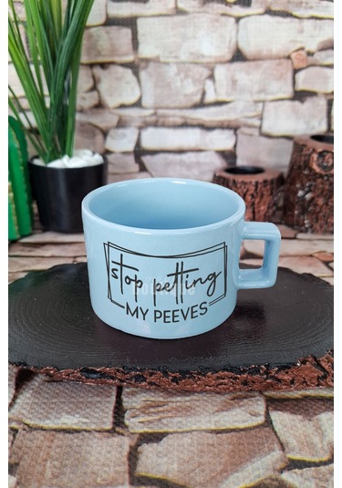 Stop Petting My Peeves Sarkastik Kare Kulplu Fincan Mavi Kupa Bardak MAvi