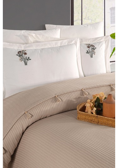 Newhome Çift Kiş. Saçaklı Elnakışlı %100pamuk Piketakımı-kapiçino Cappuccino