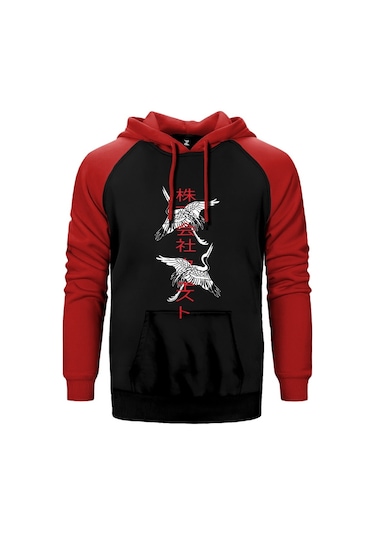 Japon Simgesel Kırmızı Reglan Kol Kapşonlu Sweatshirt Kırmızı