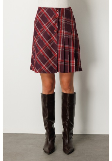 Ekol Kadın Pilise Detaylı Mini Etek 2049 Bordo Bordo