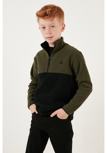 Lela Yumuşak Dokulu Yarım Fermuarlı Renk Bloklu Dik Yaka 2'Li Paket Çocuk Polar 5905004S2 Haki Siyah-Orange Antrasit