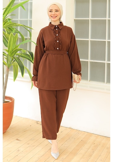 Fırfır Yaka Tunik Pantolon İkili Takım 930 - Kahve Kahverengi