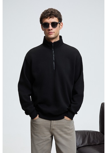 BAXTER Erkek Dik Yakalı Fermuarlı Relaxed Siyah Sweatshirt