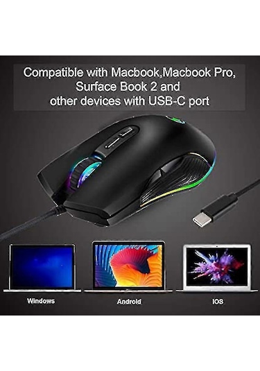 Usb-c Mouse Type C Ergonomik Kablolu Mouse Rgb Oyun Mouse Optik Mouse - Yuhao