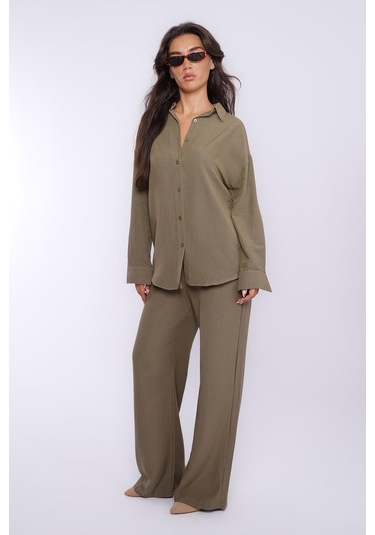 Madmext Haki Keten Kadın Gömlek Pantolon İkili Takım Mg2356 Haki