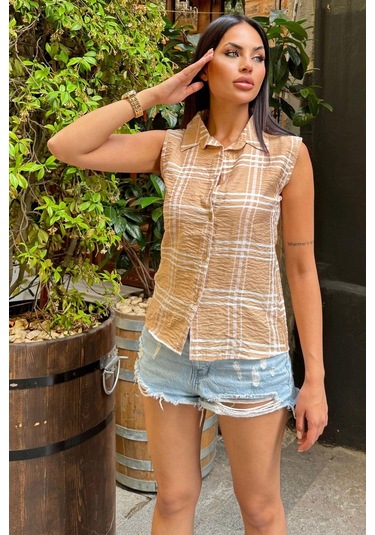 Kadın Bej Ekose Desen, Dokulu Bodrum Kumaş, Kolsuz Rahat Gömlek Bej