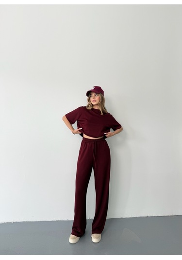 Kadın Modal Kısa Kolu Soft Touch Spor Takım Bordo