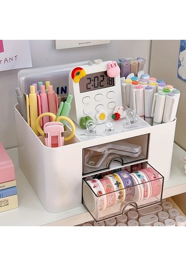 Sunshine011 Mavi 2 Çekmeceli Masaüstü Organizer, Kalem Ve Kozmetik Depolama Kutusu Mavi