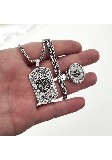 Fkgümüş 925 Ayar Gümüş Allah Lafzı İşlemeli Erkek Yüzük Ve Kolye Silver