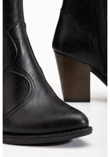 117 Siyah Kovboy Dikiş Detaylı Fermuarlı Yüksek Topuklu Günl... Siyah