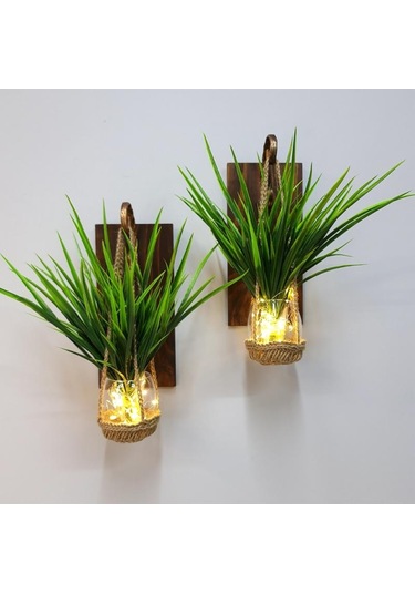 Duvar Dekoru, Led Işıklı, Yeşil Çimen Bitki, Ceviz Aplik İkili Set