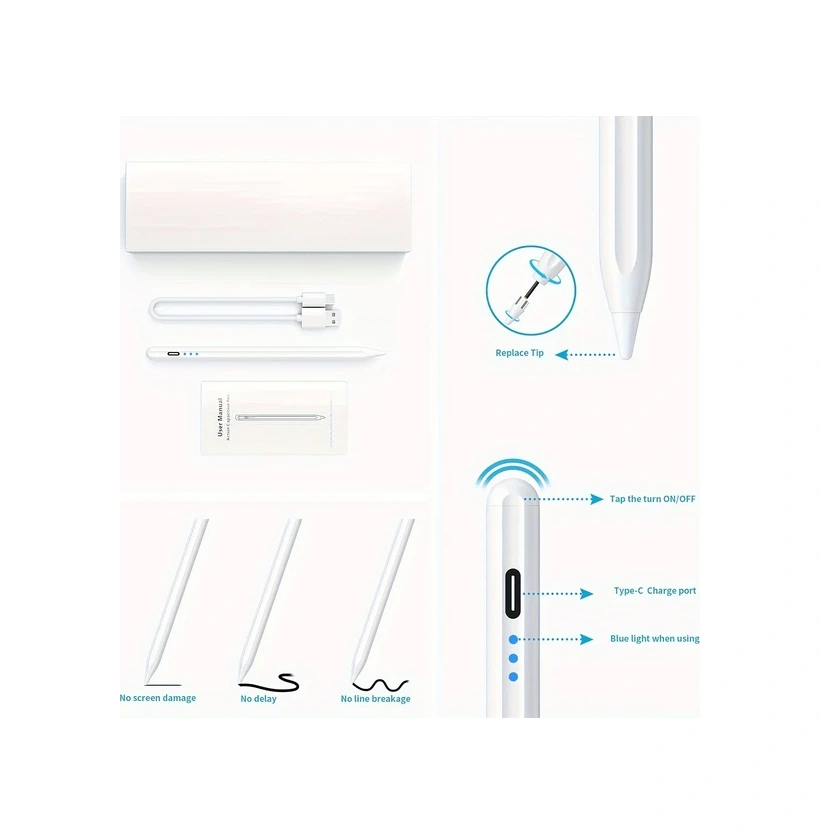 Wangxi İos Android İçin Beyaz Dokunmatik Kalem Hızlı Şarj Hassas Tablet Aksesuarı