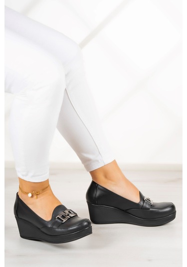 Erkan Saçmacı Dafne Siyah Hakiki Deri Dolgu Topuklu Günlük Ayakkabı