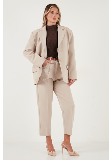 Lela Regular Fit Yüksek Bel Düz Paça Kemerli Bayan Pantolon 68350938 Taş
