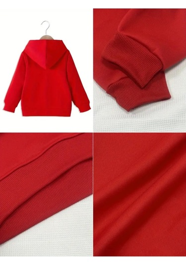 Kışlık Kapüşonlu Sweatshirt, Çocuk Çiçekler M Harfli Baskılı Kırmızı