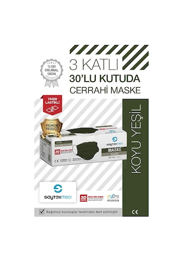 Saytekmed Meltblown Filtreli, Yassı İpli, 3 Katlı Koyu Yeşil Maske (1 Kutu/30 Adet)