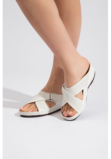 Roy Jones Kadın Ortopedik Çapraz Cırtlı Ayarlanabilir Üst Detay Konfor Modeli Günlük Terlik Yumuşak Beyaz