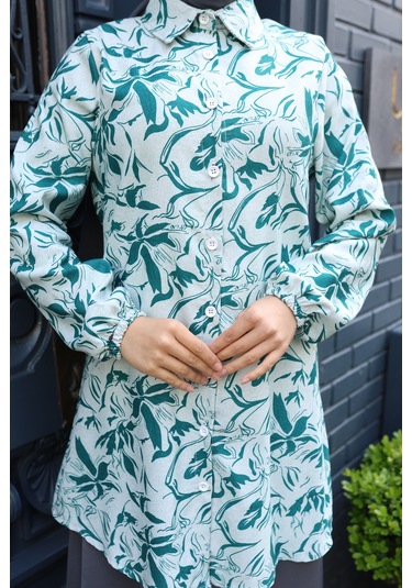 Kadın Yeşil Çiçek Desenli Pamuk Dokuma Kumaş Tunik Gömlek Etekli Takım Tk1417 Yeşil