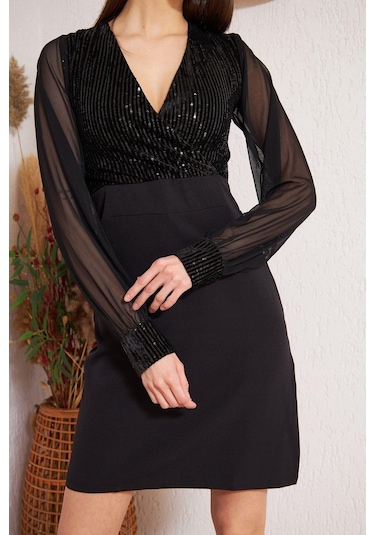 Darlin Moda Siyah Pullu Abiye Elbise Dm1015