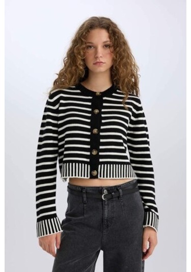 DeFacto Coool Regular Fit Çizgili Bisiklet Yaka Düğmeli Triko Hırka E2272AX24CWBK81 Siyah DeFacto Coool Regular Fit Çizgili Bisiklet Yaka Düğmeli Triko Hırka E2272AX24CWBK81 Siyah