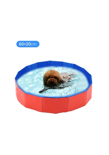 Vkemall Küçük Evcil Hayvanlar İçin Çekirdekli Katlanabilir Banyo Havuzu - 60cm Çap X 20cm Yükseklik, Pvc Malzeme, Su Çıkarma Kanalı, Kırmızı-mavi Renk