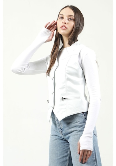 Dericlub Dc-001 Hakiki Deri Kadın Yelek Beyaz