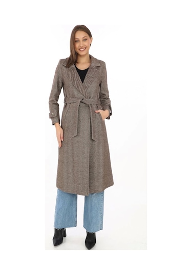 Kadın Astarlı Balık Sırtı Kaşmir Kaşe Kaban - Vizon Vizon