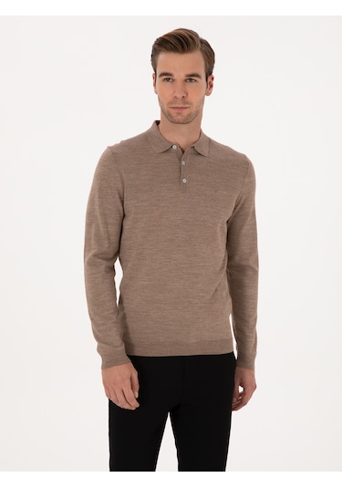 Cacharel Vizon Slim Fit Yün Karışımlı Polo Yaka Basic Triko Kazak Kahverengi
