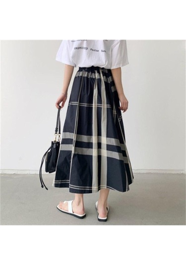 Qooth Kadınlar Rahat 8 Renk Büyük Ekose A-line Etek Tembel Elastik Bel Büyük Salıncak Uzun Etek Bahar Yaz Qt2055 Gri