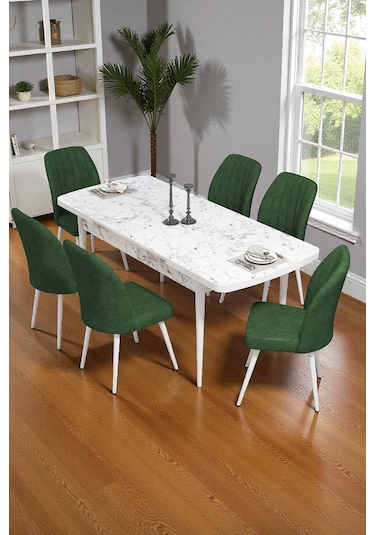 Bara Siyah Mermer 80x132 Açılabilir Sunta Masa Yemek Odası Takımı, Mutfak Takımı 6 Adet Sandalye Yeşil