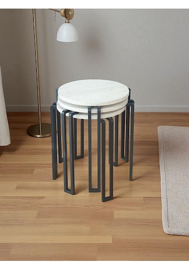 Zigon Sehpa Metal Ayaklı Beyaz Ahşap Yuvarlak Misafir Sehpası 3'lü