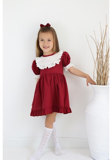 Kız Çocuk Bordo Ruby Fırfırlı Dantel Detaylı Kısa Kollu Elbise Bandana Takım Elb-0070.6 Bordo
