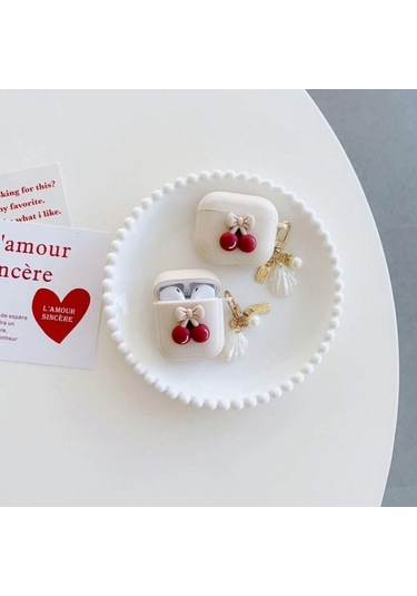 Apple Airpods 3. Nesil İle Uyumlu Kılıf Kalp Leopar Taş Kiraz Desenli Fiyok Tutmalı Kılıflar Mürdüm