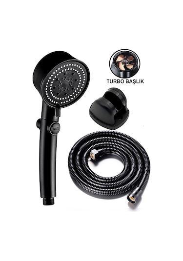 Kustar 3'lü Set Siyah 5 Fonksiyonlu Turbo Jet Pervaneli Duş Başlığı Örgülü Hortum Ve Askı Siyah