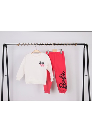 Kız Çocuk Barbie Baskılı Fuşya 3 İplik Şardonlu Kışlık Sweat Ve Eşofman Alt Üst Takım Fuşya