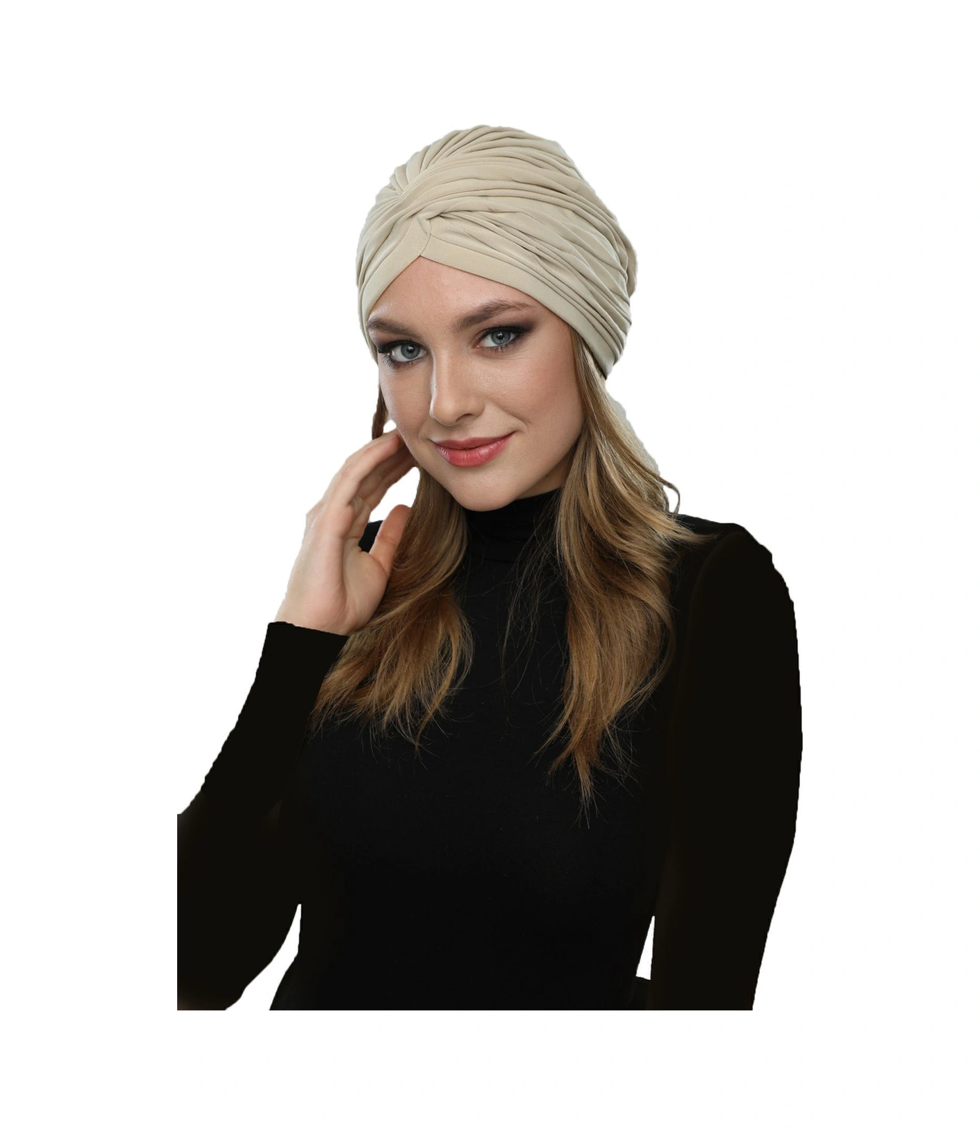 Çapraz W Nervürlü Ensesi Bantlı Kum Beji Hazır Türban Tesettür Havuz Bonesi Bej