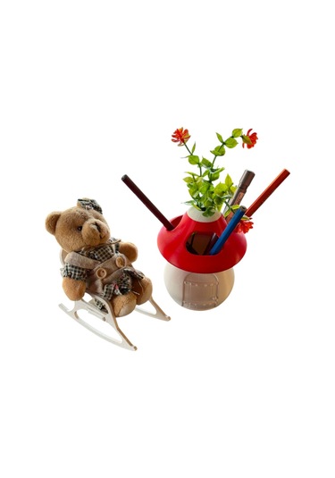 Kalemlik-ayıcık- Kırmızı Beyaz- Sima Mantar Çiçekli Üç Gözlü Kalemlik Düzenleyici Kırmızı