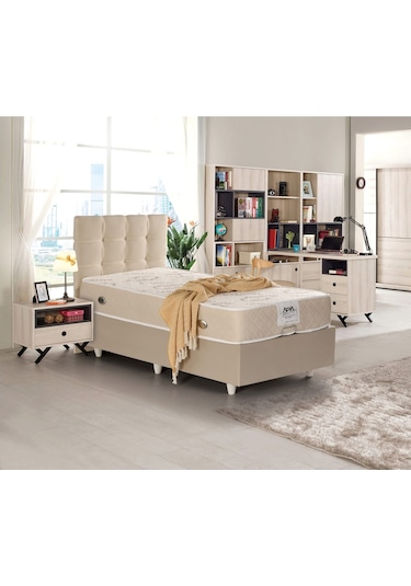 Azrayatakmobilya Yakut Tek Kişilik Yatak Baza Başlik Mdf+Profil+Özel Kumaş Krem