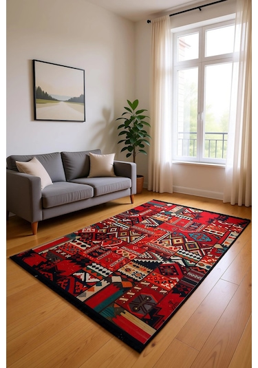 Blghome Patchwork Desenli Modern Halı Dekoratif Kilim Kırmızı - Siyah