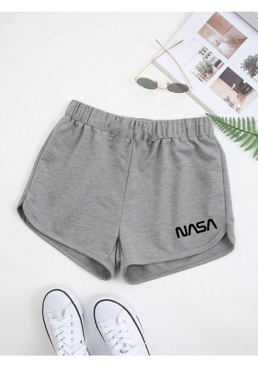 Nasa Bermuda Penye Şort - Gri Baskılı Kordonlu Baskılı Gri