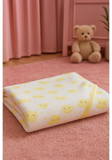 Bulut Desenli Çift Taraflı Bebek Penye Battaniye 85x85cm - Standart / Sarı Sarı