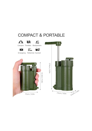 Neevoyu Taşınabilir Su Filtresi - 2000lt Kapasiteli, 0.01 Mikron Hassasiyetli Outdoor Seyahat İçin Ordu Yeşili