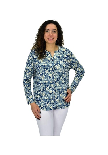 Kadın Uzun Kol Düğmeli Bluz Bgl-st04686 Mavı